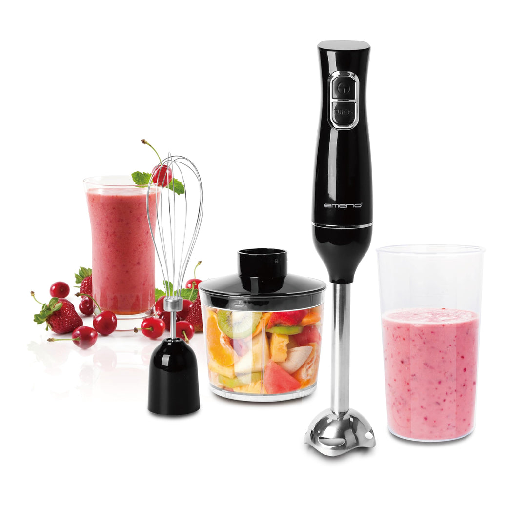 EMERIO Stabmixer Set 4-in-1 mit 2 Geschwindigkeiten + TURBO Funktion | Edelstahl | Stabmixer + Schne