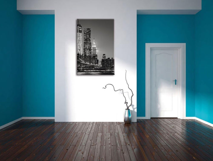 Pixxprint New York City Skyline bei Nacht / 100x70cm Leinwandbild bespannt auf Holzrahmen/Wandbild K