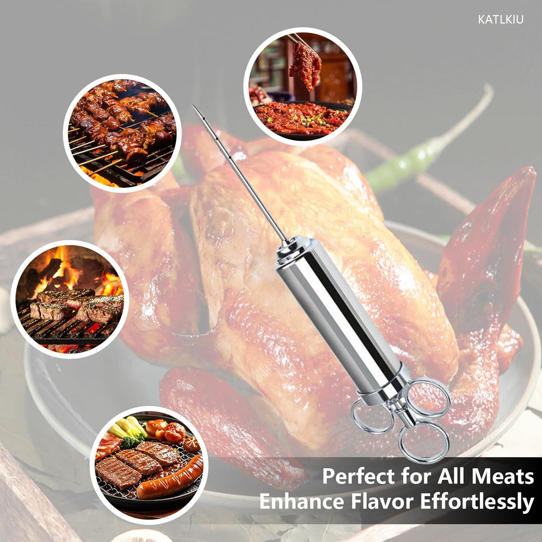 KATKLIU Fleischspritze Set aus Edelstahl 60ml mit 3 Nadeln – BBQ Marinadenspritze und Bratenspritze