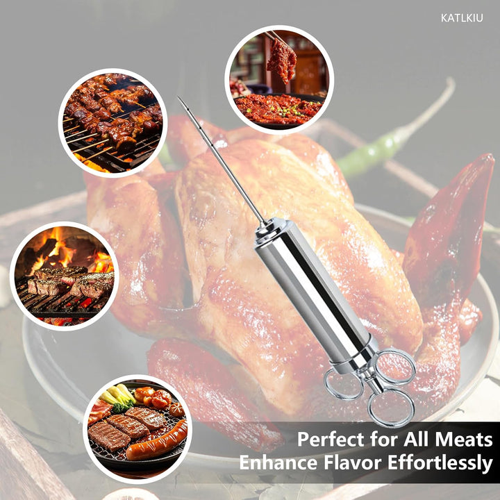 KATKLIU Fleischspritze Set aus Edelstahl 60ml mit 3 Nadeln – BBQ Marinadenspritze und Bratenspritze