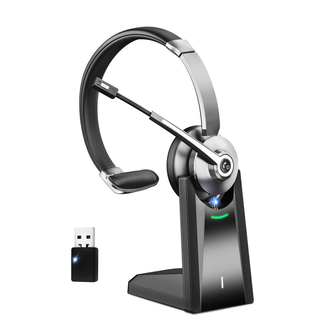 Bluetooth Headset mit Mikrofon，Kabelloses Headset mit USB Dongle & Ladestation, Wireless Office Head