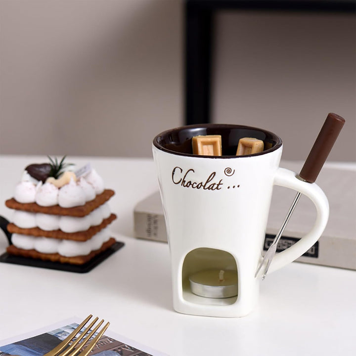 Schokofondue Tasse, 200ML Schokoladen Fondue Tassen mit Teelicht, Keramik Schokofondue Tasse Set mit