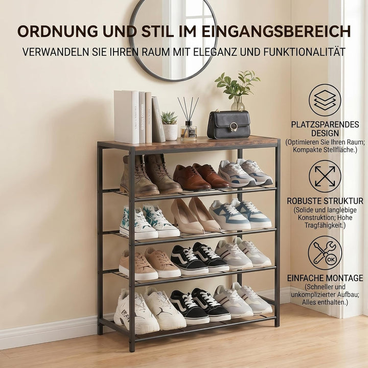 Schuhregal Schmal mit 5 Ebenen und Ablagefläche - Vertikaler Schuhschrank Schmal Platzsparelnd für F