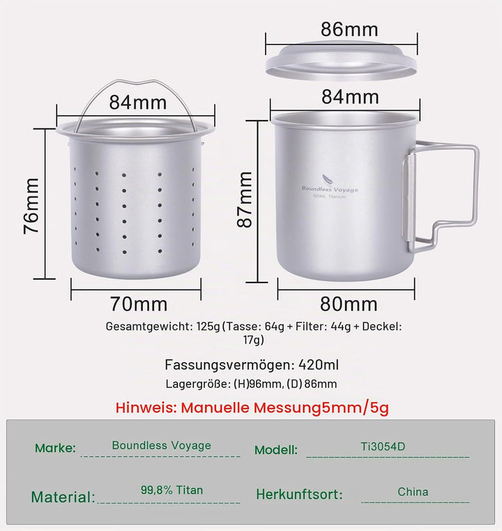 iBasingo 420ml / 14.2 fl oz Titan Becher mit Teesieb und Deckel Leichte Tasse mit Filter Outdoor Cam