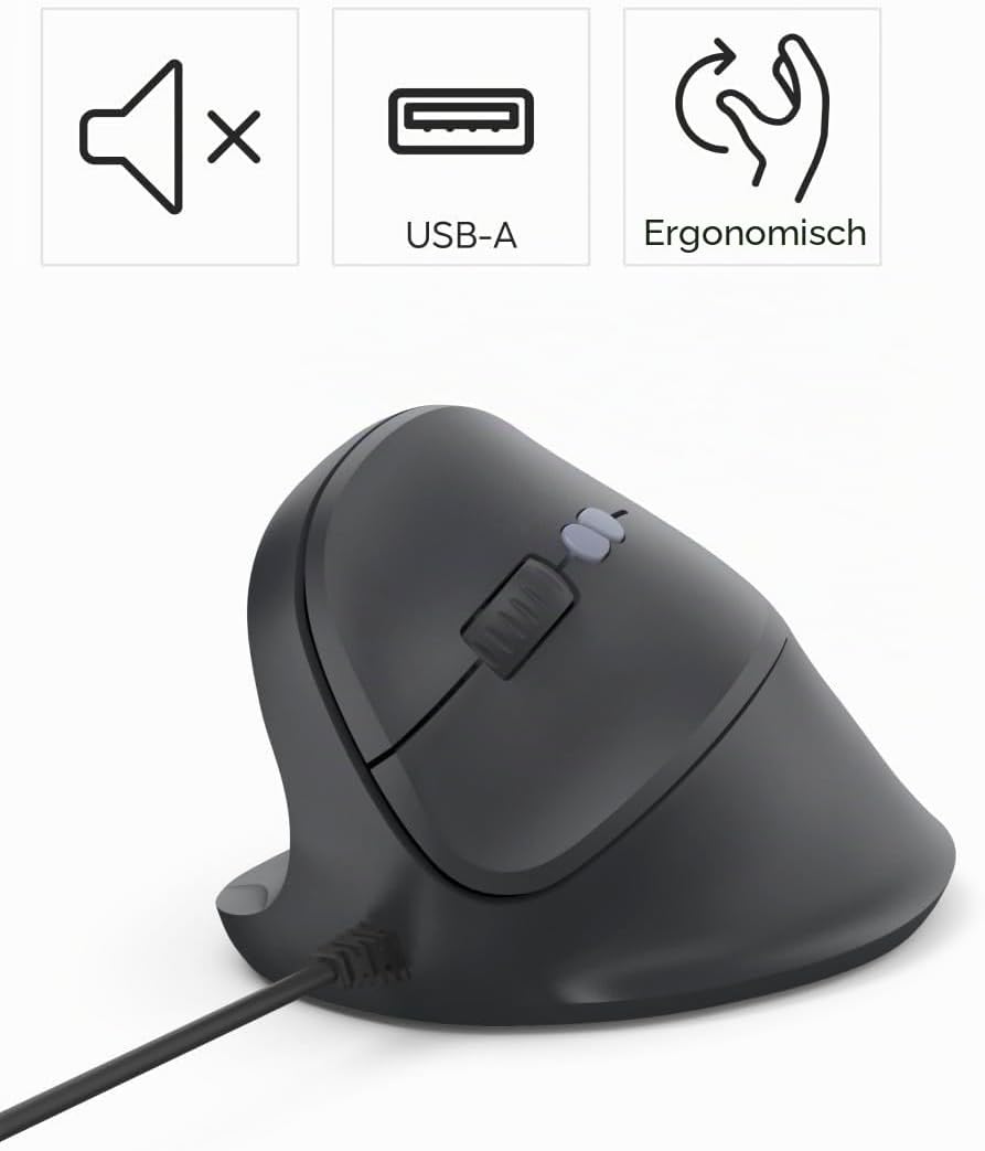 Hama Vertikalmaus für Linkshänder (optische Maus ohne Klickgeräusch, 7 Tasten, ergonomisch, 1000/140