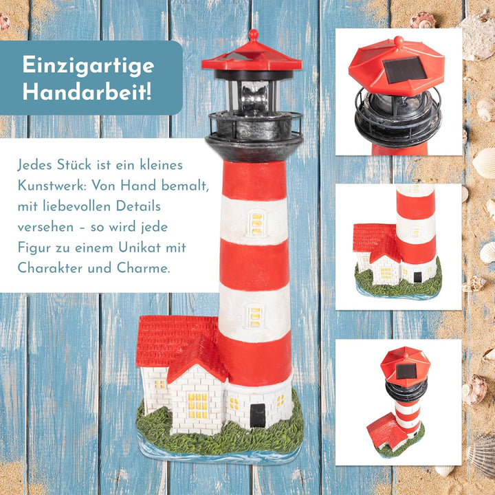 NATIV LEMODO Gartendeko Leuchtturm mit rotierendem Leuchtfeuer | Handbemalte Gartenfigur mit Solarle