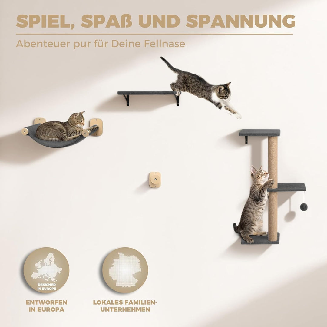 WOOWOOD® Kletterwand Katzen Set inkl. Katzentreppe Wand I Kratzbaum Wand I Hängematte Katze I Wandkr