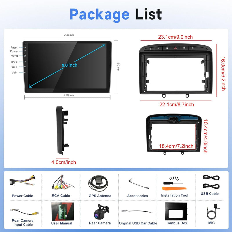 Podofo Android Autoradio für Peugeot 308 408 2010-2013, 9" Touchscreen Carplay Android Auto WiFi Blu