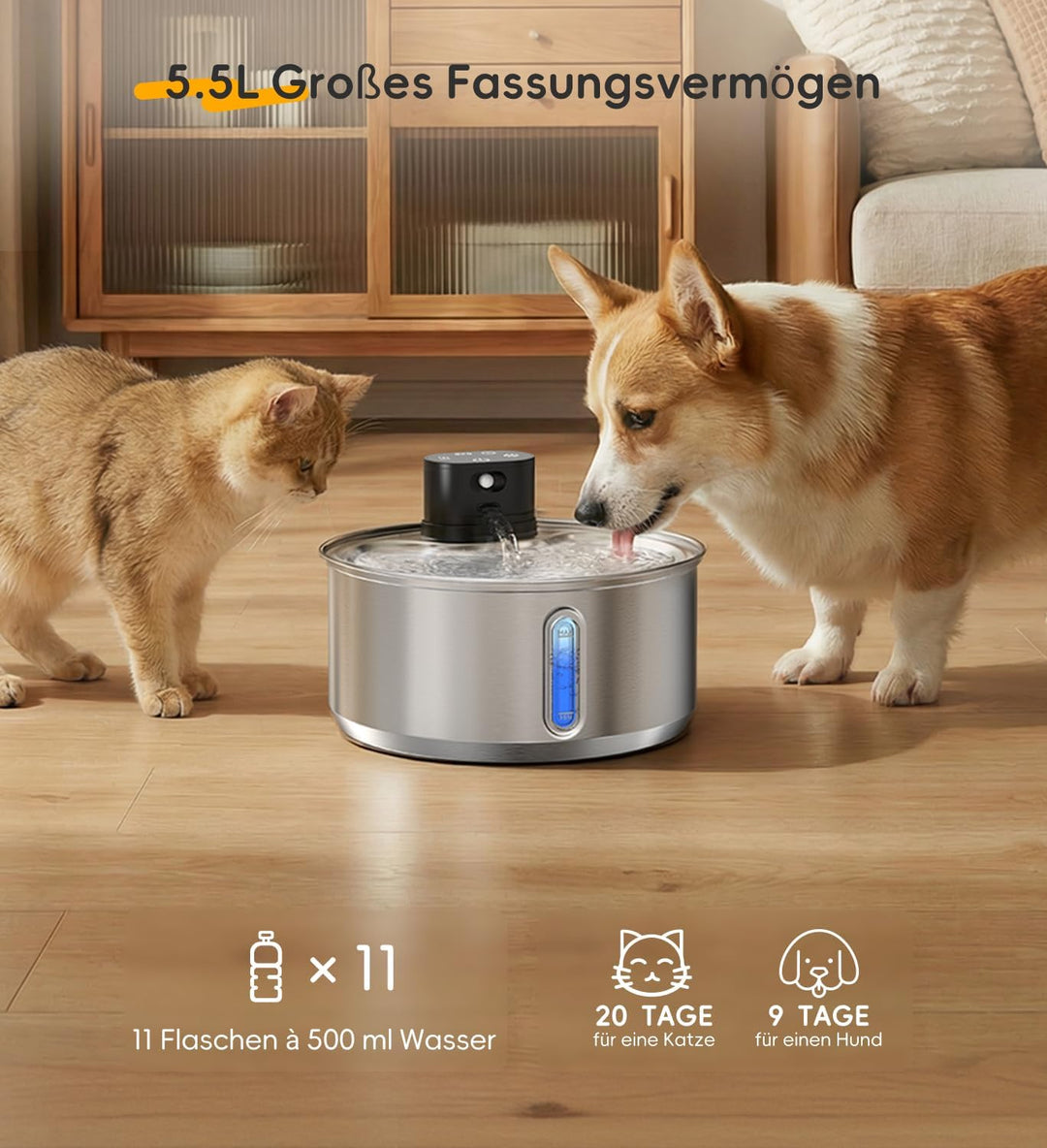 Katzenbrunnen Edelstahl, 5,5 L Trinkbrunnen für Katzen Kabellos, 5000mAh Akku Hunde mit bewegungsmel