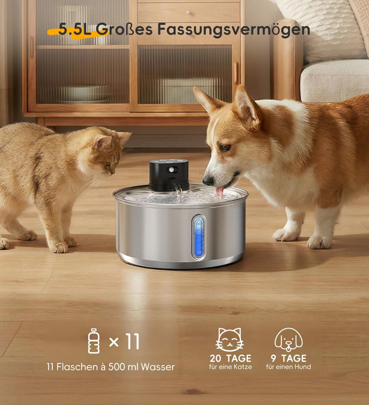 Katzenbrunnen Edelstahl, 5,5 L Trinkbrunnen für Katzen Kabellos, 5000mAh Akku Hunde mit bewegungsmel