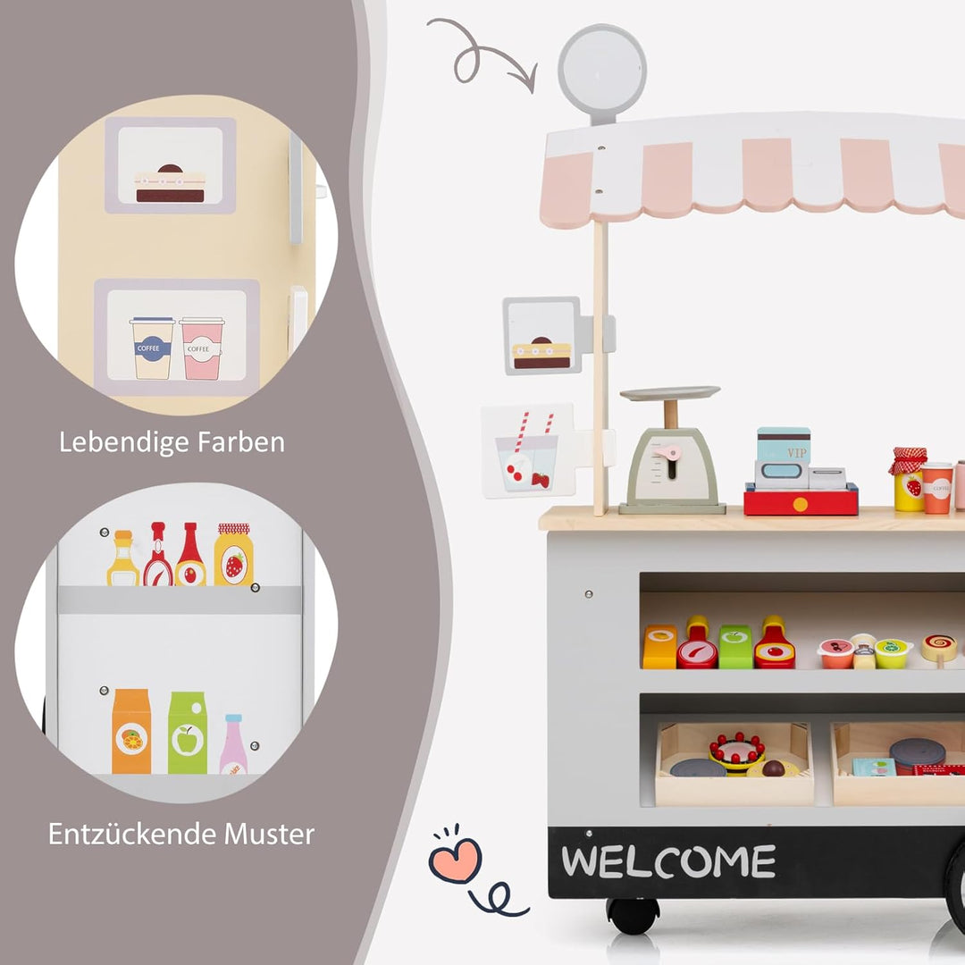 COSTWAY Kaufladen Kinder, Kaufmannsladen Holz mit 2 Ablagen, Schiebegriff & Zubehör, Einkaufsladen a
