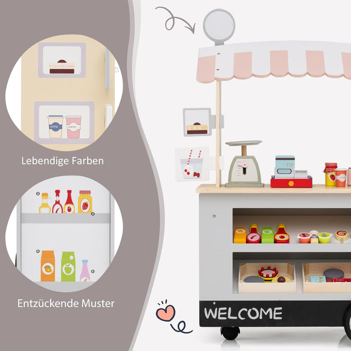 COSTWAY Kaufladen Kinder, Kaufmannsladen Holz mit 2 Ablagen, Schiebegriff & Zubehör, Einkaufsladen a