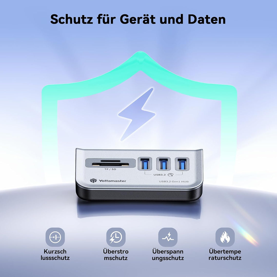 Yottamaster USB Hub mit SD Kartenleser, 5-in-1 USB 3.0 Hub, 3 USB-A 3.0, USB Verteiler mit SD/TF Car