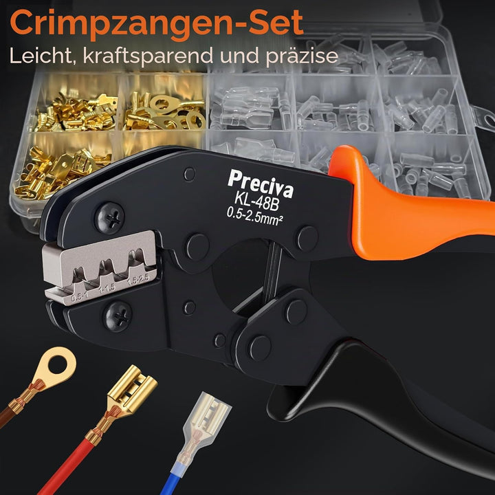 Preciva Crimpzange-Set mit 300 Flachsteckhülsen für 2,8-6,3 mm (0,5-2,5 mm² / AWG 22-14) – Ergonomis