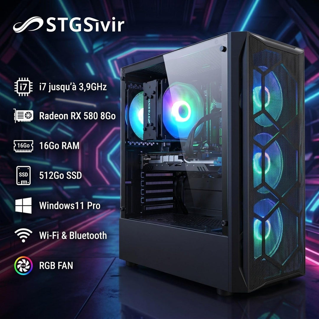 STGsivir Gaming PC,Core i7 bis zu 3.9GHz, Radeon RX 580 8GB GDDR5, 16GB RAM, 512GB SSD, 600M WLAN, B