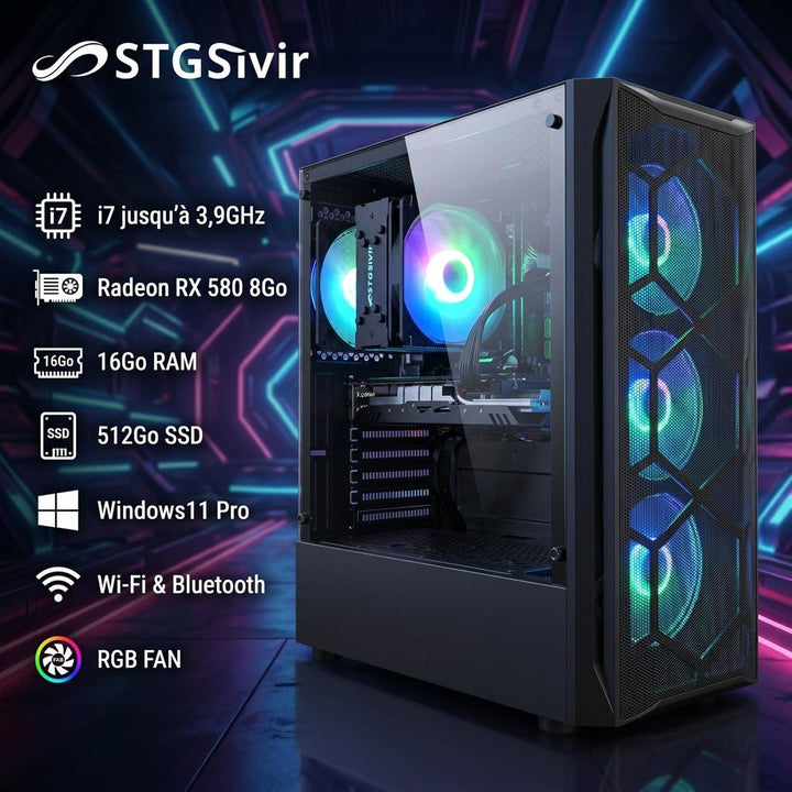 STGsivir Gaming PC,Core i7 bis zu 3.9GHz, Radeon RX 580 8GB GDDR5, 16GB RAM, 512GB SSD, 600M WLAN, B