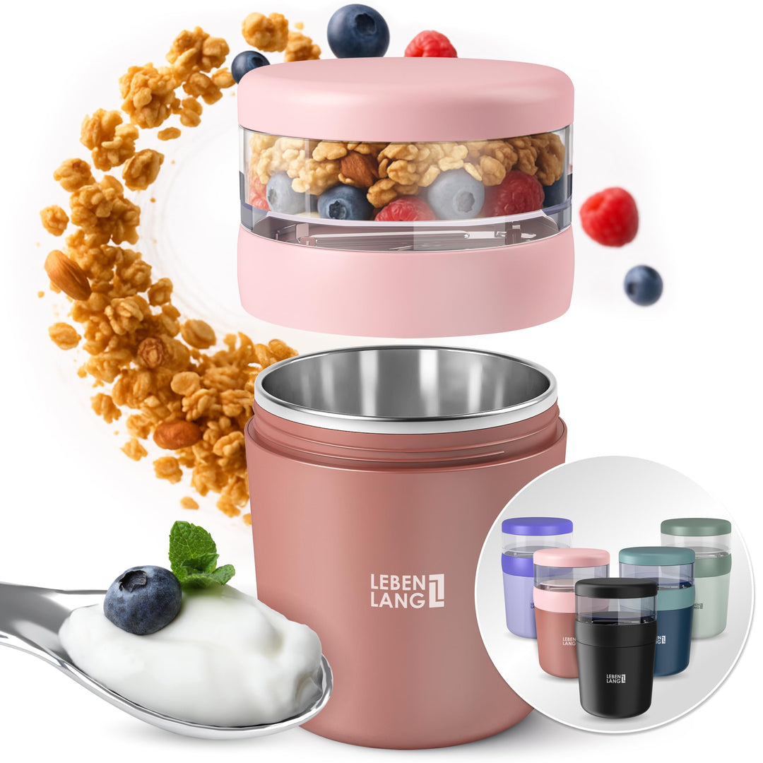 LEBENLANG Müslibecher To Go mit Löffel - Isolierende Edelstahlinnenwand & 650ml I Müslibecher Müsli