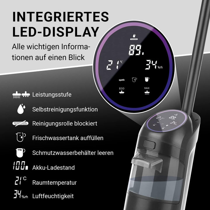 N8WERK Akku-Bodenreiniger 3 in 1 - Saugen,Nass- & Trockenwischen Bis zu 60 Min. Laufzeit Mit LED-Dis