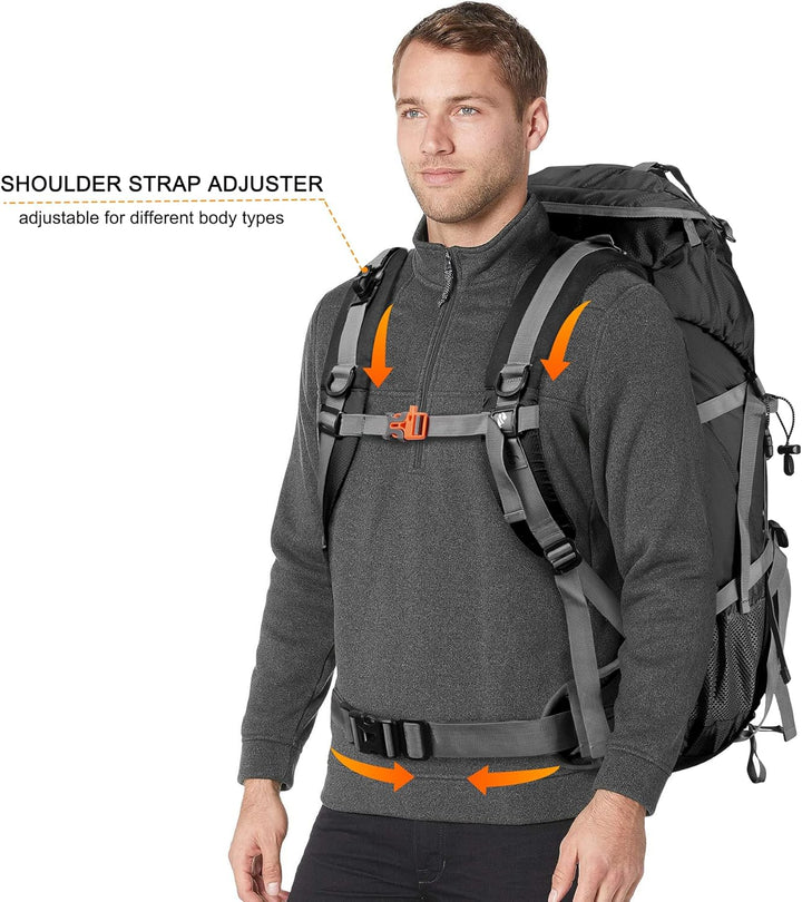 Loowoko 50 l Wanderrucksack, wasserdichte Camping-Essentials-Tasche mit Regenschutz, 45 + 5 Liter le