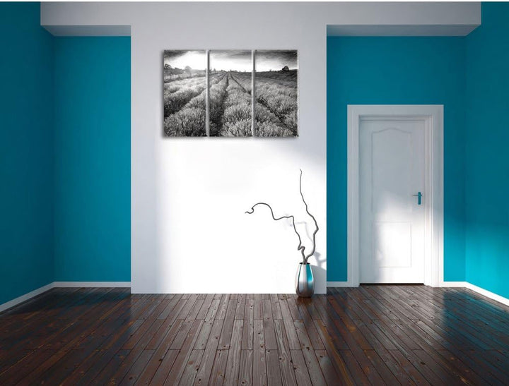 Pixxprint Lavendelfeld in Frankreich / 3-Teilig/Gesamtmass 120cm Leinwandbild bespannt auf Holzrahme