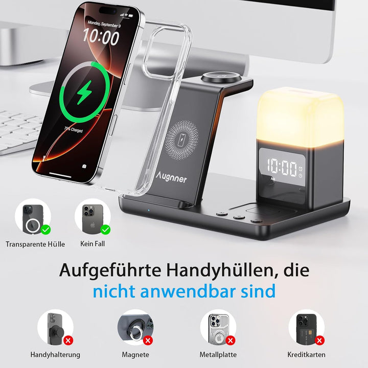 Augnner Induktive Ladestation für iPhone 17/16/15/14/13/12/11 Serie, 6 in 1 Kabelloses Ladegerät mit