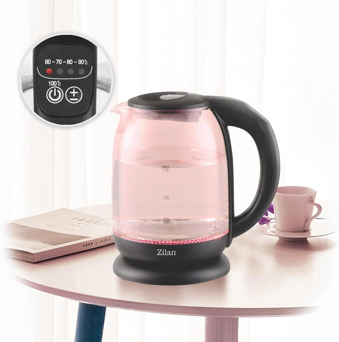 Zilan kabelloser Wasserkocher aus Borosilikatglas mit digitalen Display und LED, 1,7 l, 5 Temperatur