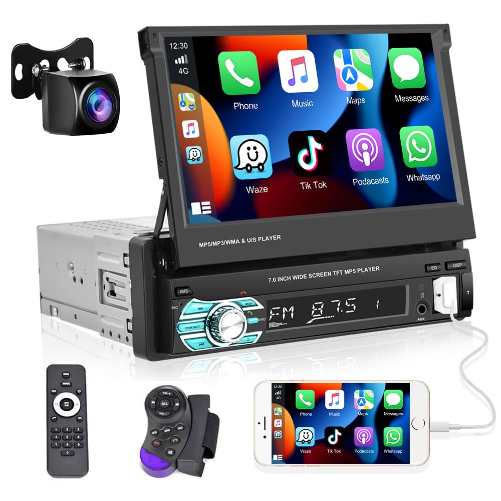 Podofo Autoradio 1 Din mit Apple Carplay Android Auto 7-Zoll Auto Stereo Radio mit Einziehbarem Bild