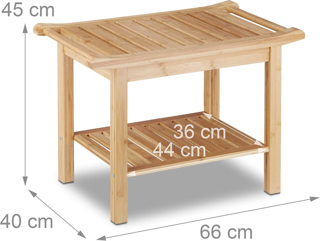 Relaxdays Badezimmer Bank Bambus, Sitzbank Bad, Ablage Badhocker Holz, HxBxT: 45 x 66 x 40 cm, Badez