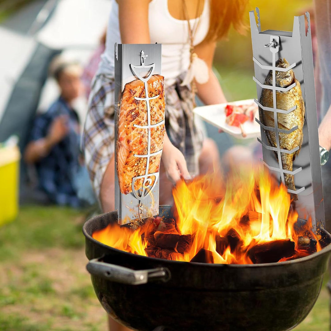 2er-Set Flammlachsbrett Edelstahl – 59×16 & 52×11,5 cm – verstellbare BBQ Halterung für Fisch & Flei