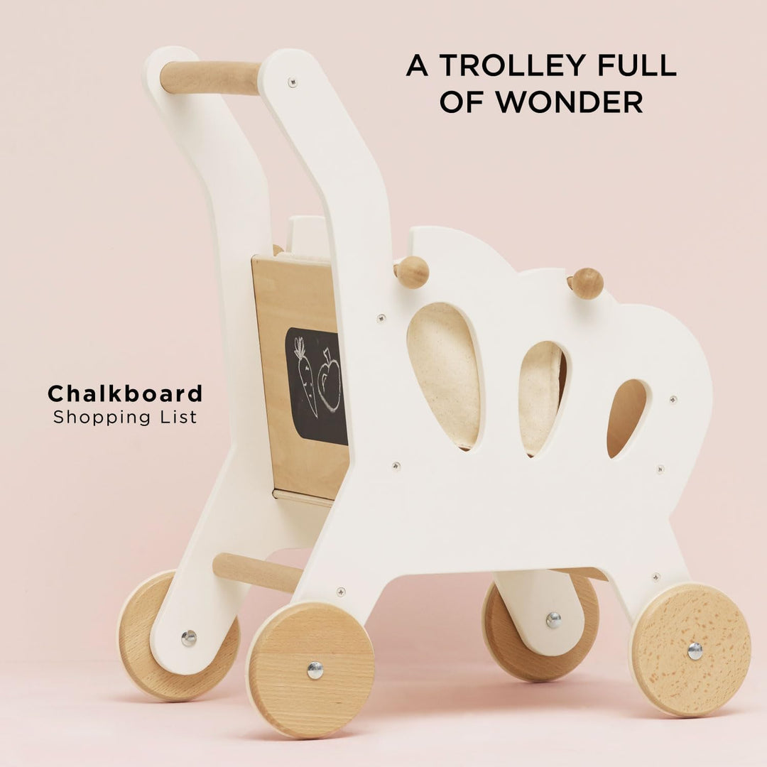 Le Toy Van – Honeybake Einkaufswagen aus Holz mit abnehmbarer Tasche | Supermarkt-Rollenspiel Lebens