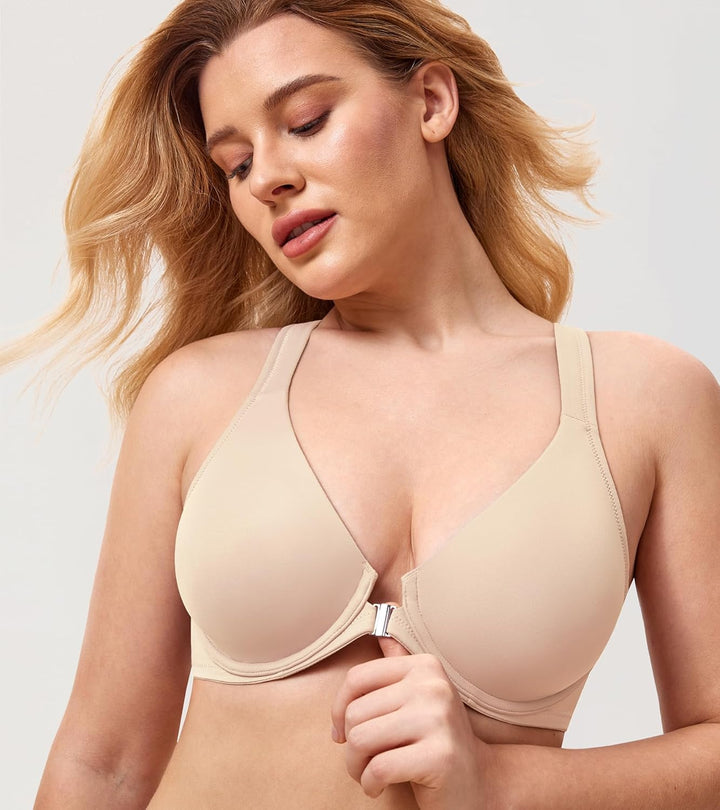 DELIMIRA Damen Vorderverschluss Racerback BH Grosse Grössen Bügel BHS Tiefer Ausschnitt Ungefüttert