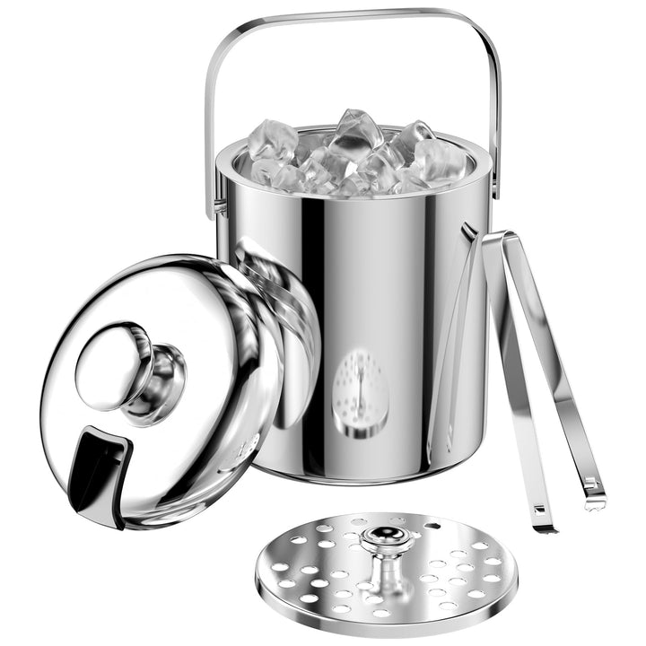 1.3L Eiswürfelbehälter, Edelstahl Eiskübel mit Luftdichtem Deckel, Sieb und Eiszange, Doppelwandiger