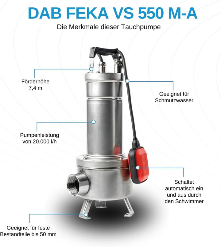 DAB FEKA VS 550 M-A Edelstahl Kreiselpumpe Tauchpumpe mit Schwimmerschwimmer für Abwasserentwässerun
