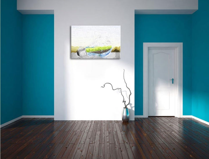 Pixxprint Glühbirne mit erneuerbarer Energie als Leinwandbild/Grösse: 100x70 cm/Wandbild/Kunstdruck/