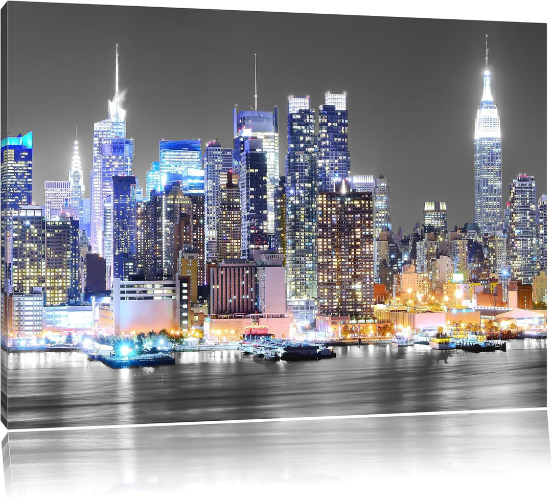 New Yorker Skyline bei Nacht schwarz/weiss Format: 100x70 auf Leinwand, XXL riesige Bilder fertig ge