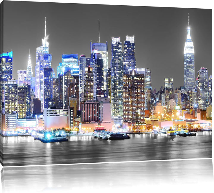 New Yorker Skyline bei Nacht schwarz/weiss Format: 100x70 auf Leinwand, XXL riesige Bilder fertig ge