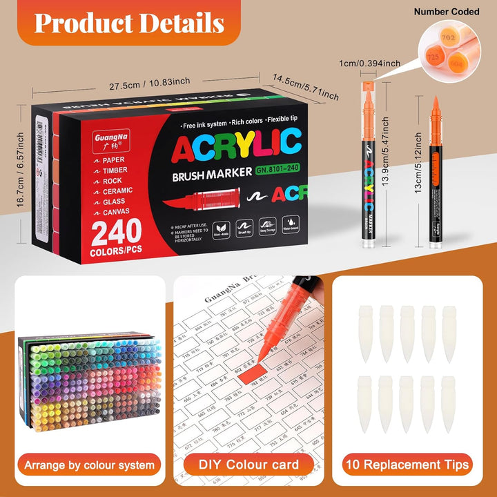 Funnasting 240 Farben Acrylstifte, Pinselspitze Acrylic Marker, Acryl Marker für Malen, Glas, Stoff,