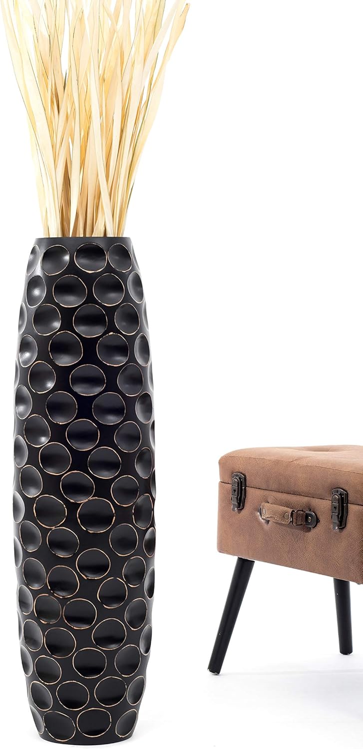 Leewadee Grosse Bodenvase für Dekozweige hohe Standvase Design Holzvase, Holz, 90 cm, Schwarz 90 cm