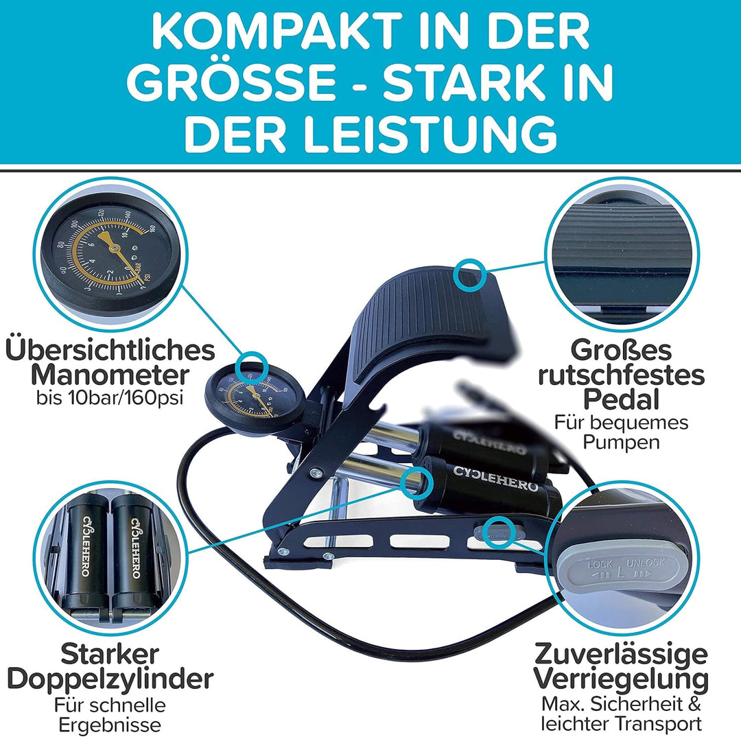 Fusspumpe mit Doppelzylinder und Manometer Test SEHR GUT - Fusspumpe für alle Ventile (Fahrradpumpe,