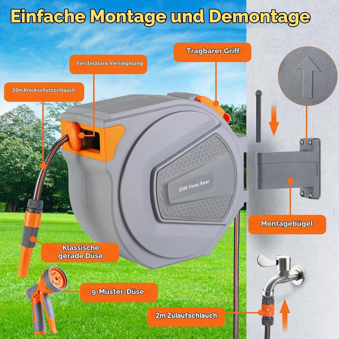 Schlauchtrommel mit Gartenschlauch 20m, Schlauchaufroller zur Wandmontage, 180° Schwenkbar &amp; Automat