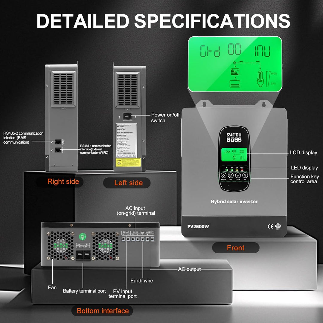 DATOUBOSS 1800W Hybrid Solar Wechselrichter 12V Reiner Sinus, 12V DC auf 220V/230V AC mit MPPT Solar