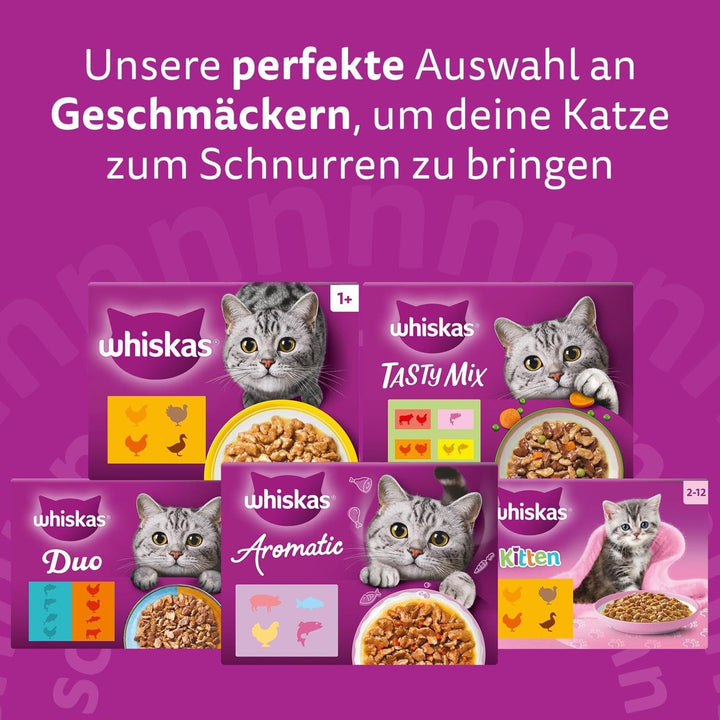 Whiskas Adult 1+ Katzennassfutter Gemischte Auswahl in Gelee, 84 Portionsbeutel, 84x85g (1 Grosspack