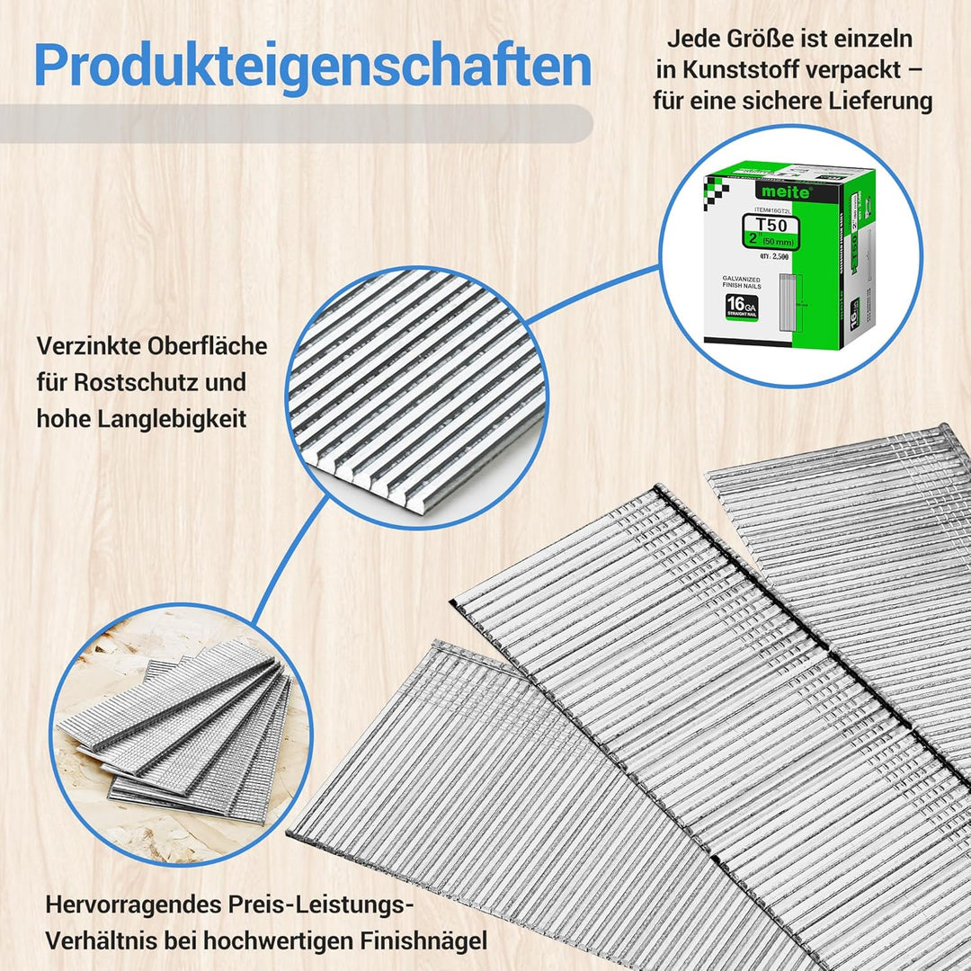 meite 16 Gauge Finish-Nägel, 5,1 cm, verzinkt, 16 GA, kleiner, gerader Nägel, ideal für Holzbearbeit