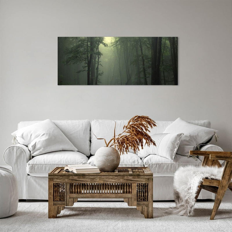 Panorama Bilder auf Leinwand 100x40cm Leinwandbild mit Rahmen Wald Nebel Baum Gross Wanddeko Bild Sc