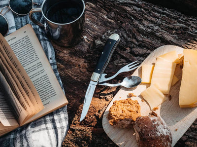 Böker Magnum Bon Appetite Camping-Besteck mit Messer, Gabel und Löffel mit und ohne Microfaserbeutel