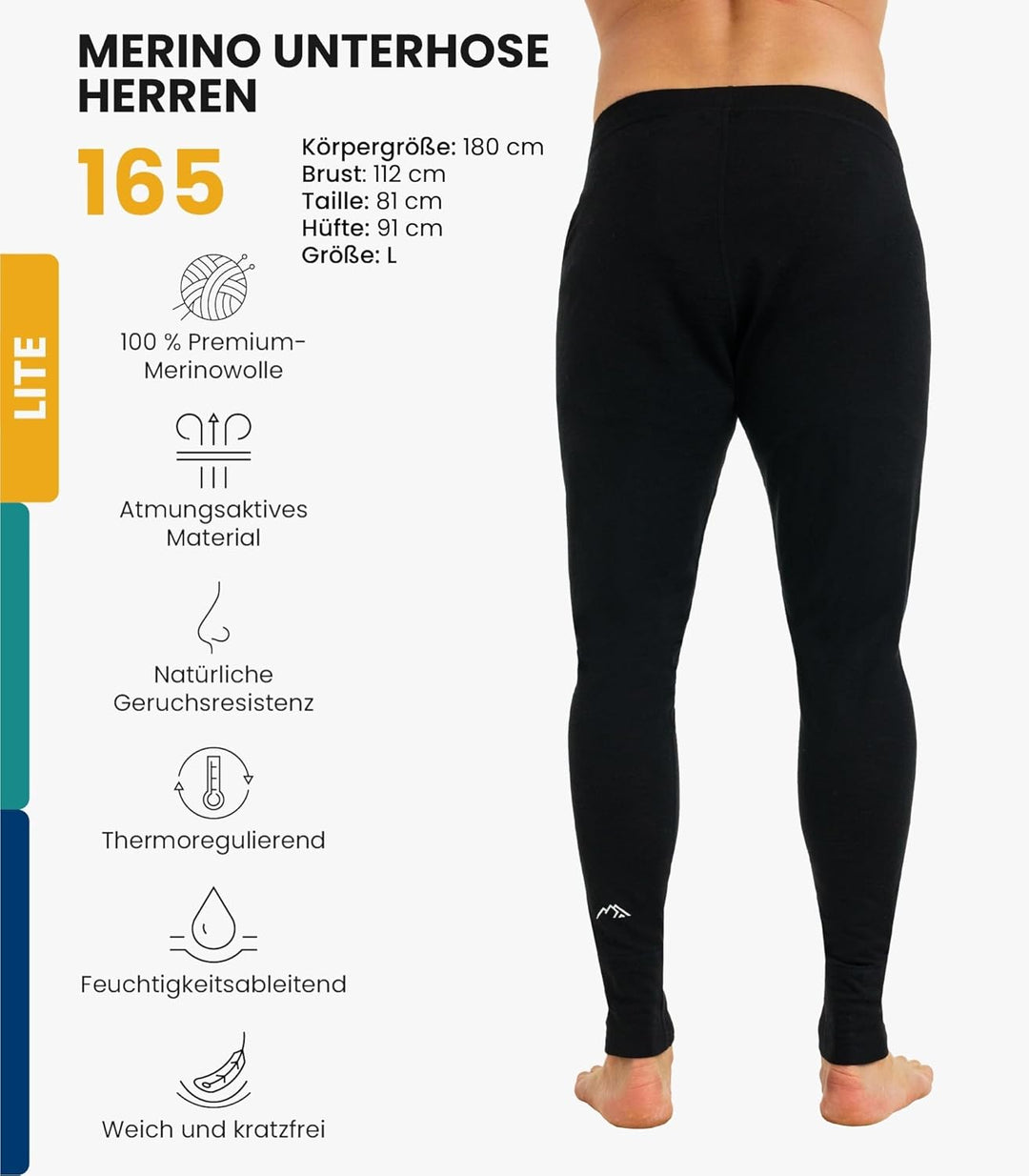 Merino Unterwäsche Herren - Lange Unterhosen Herren Merino Thermounterwäsche + Wollsocken 165 Black
