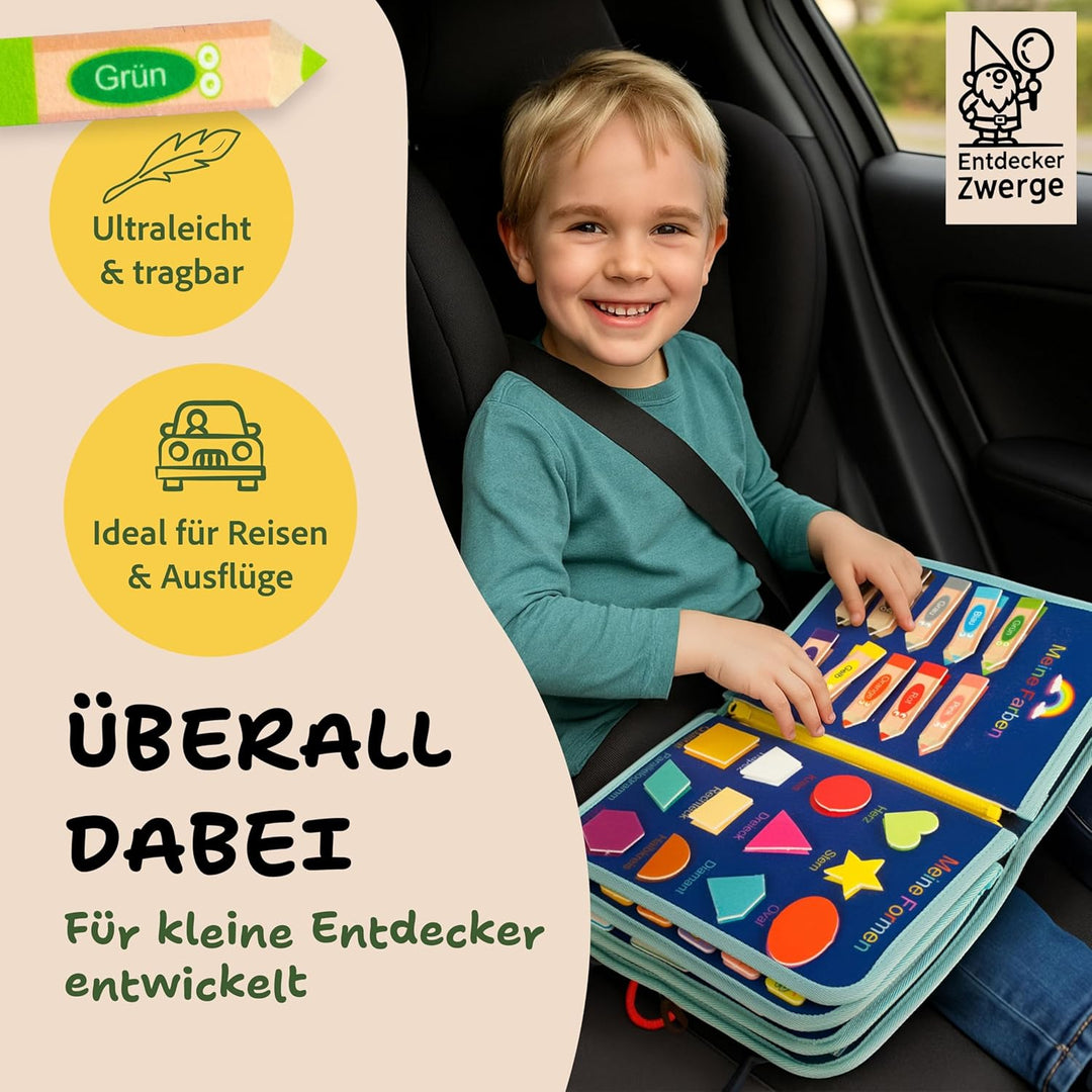 Busy Board ab 3 Jahre - Lernspielzeug mit Deutschen Inhalten - 25 Aktivitäten auf 10 Seiten - Motori