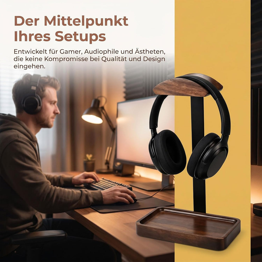 Kopfhörer Ständer für Schreibtisch - Aus massivem Holz und Aluminium, Gaming Headset Ständer mit Tab