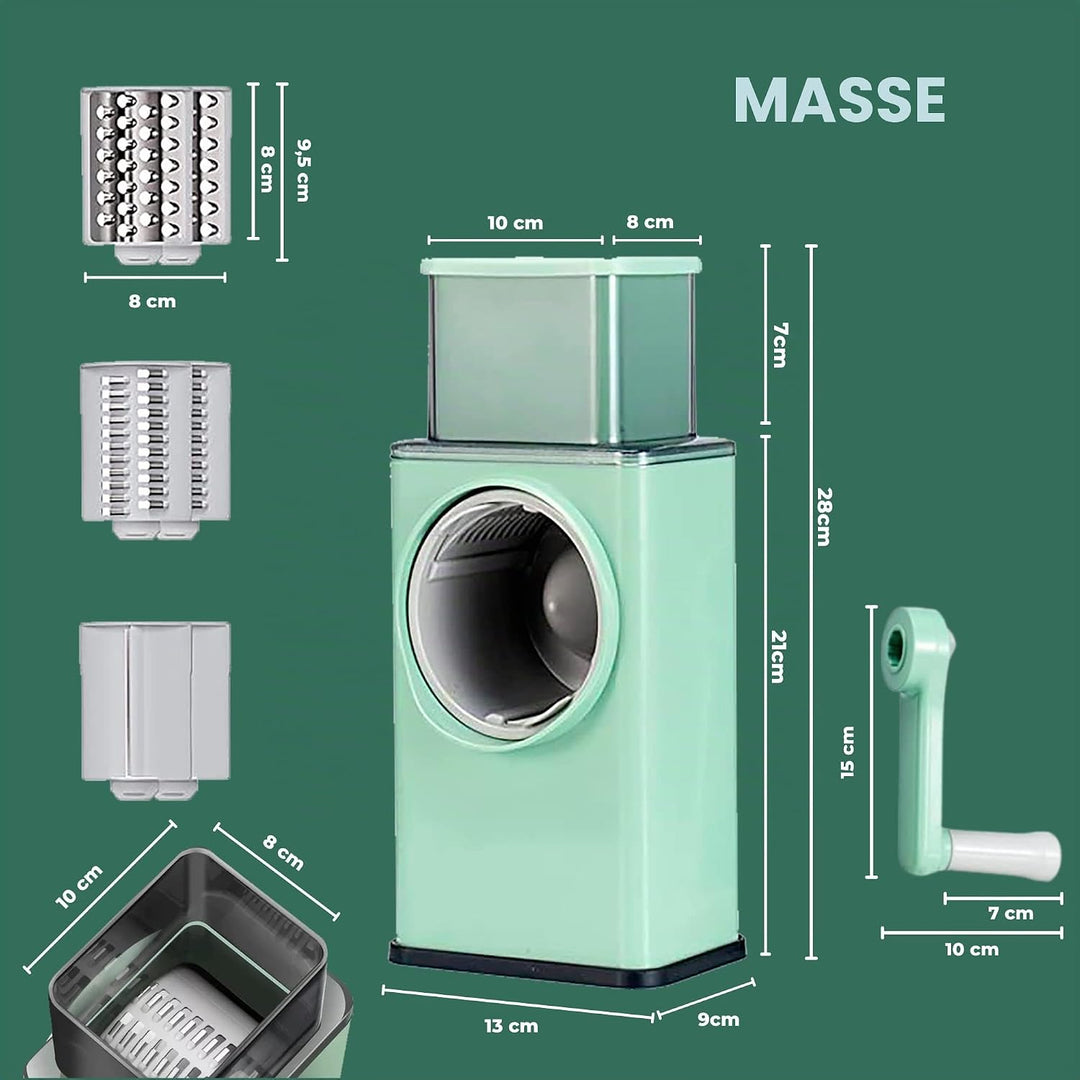Rotierende Kartoffelreibe Küche Mandoline 3 in 1. Gemüseschneidetrommel, 3 Edelstahlklingen. Käserei