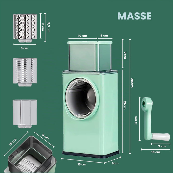 Rotierende Kartoffelreibe Küche Mandoline 3 in 1. Gemüseschneidetrommel, 3 Edelstahlklingen. Käserei